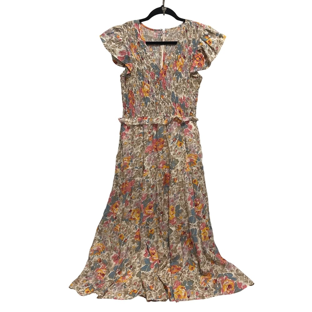 SEA New York Floral Smock‎ Tiered Midi Dress Flutter Sleeve Cottage Cotton Small - Picture 2 of 8
